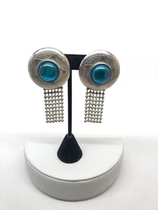 Vtg Southwest Concho Earrings Chain Dangle Blue glass Cab Country Line Dancing - Picture 1 of 4