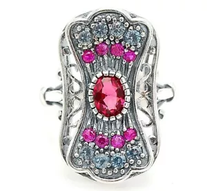 Treated Ruby & Aquamarine 925 Sterling Silver Art Deco Style Ring Sz 6 - Picture 1 of 3