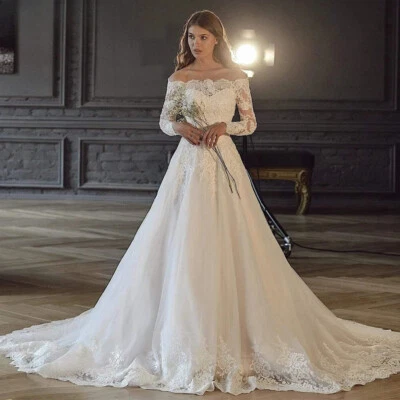 Boat Neck Lace Wedding Dress Long Sleeve Appliques Backless Pleated Bridal Gowns - Image 1 of 4