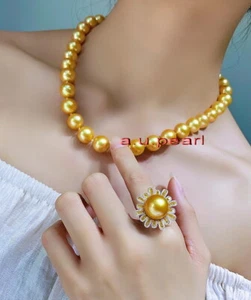 ROUND AAAAA luster 18"10-11MM NATURAL real south sea golden pearl necklace 14K - Picture 1 of 8