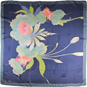Vintage 80s Cottage Silk Scarf Navy Pink Floral Art Square 35" Hand Rolled Edges - Picture 1 of 5
