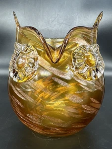 Vtg Art Glass Owl Vase Amber Adventurine Gold Swirl Verre Artisanal 6.25" EUC - Picture 1 of 15