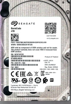 ST4000LM024 P/N: 2U817V-566 F/W: 0001 S/N: WCK7 TK 4TB JAN 2021 THAILAND SEAGATE - Image 1 of 2