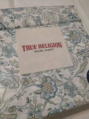 True Religion 品牌牛仔裤 6 件套大号床单套装白色绿色花卉印花 — 第 1/3 张图片