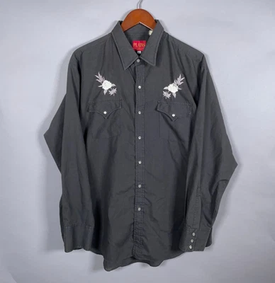 Plains Western Wear Shirt Adult XL Black White Embroidered Pearl Snap Cowboy - Image 1 of 4