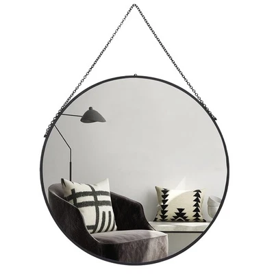 23.5 Inch Round Hanging Black Metal Wall Mirror Featuring Chain, Accent Mirro... - Image 1 of 4