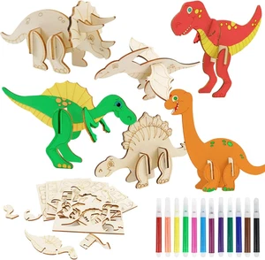 Dinosaurier Holz Bastelset Kinder 24 Stück 3D Puzzle Dino DIY Geburtstag Spielze - Bild 1 von 10