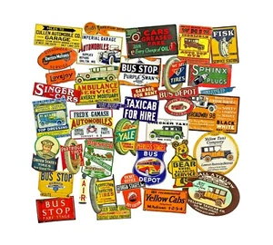 Travel & Garage Sign Stickers, Car & Bus Depot Signs, 2 REPRODUCTION Sheets - Picture 1 of 3