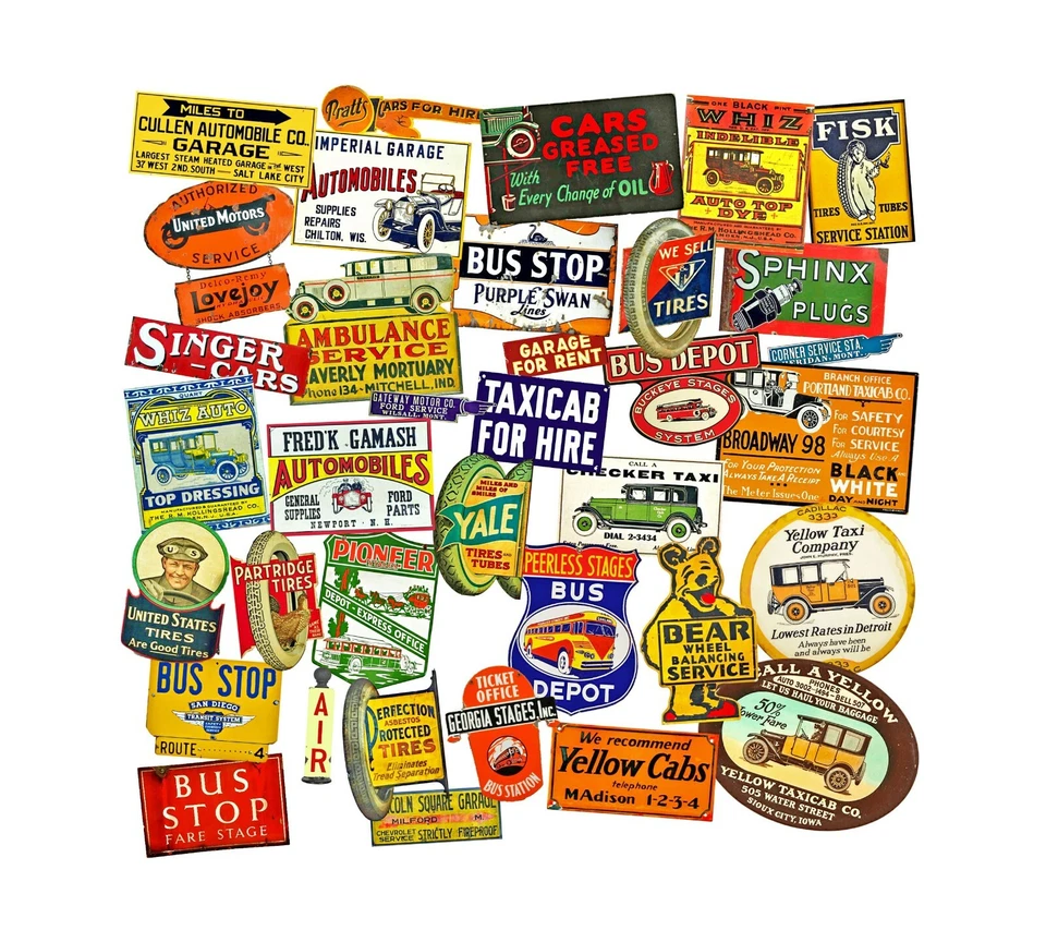 Travel & Garage Sign Stickers, Car & Bus Depot Signs, 2 REPRODUCTION Sheets - Image 1 of 3