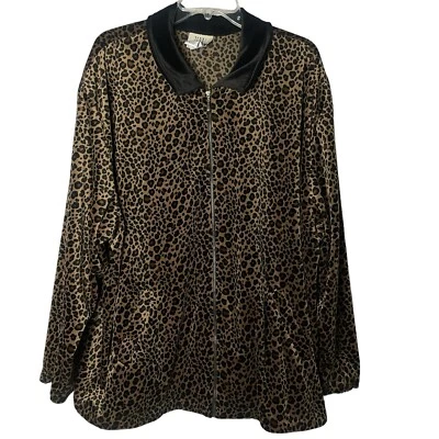 Teddi Jacket Womens Plus Size 3X Full Zip Brown Animal Print Velour Pockets Fall - Image 1 of 4