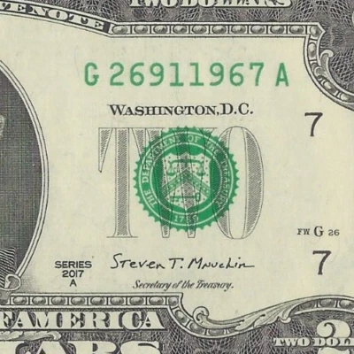 $2 UNC TOMBSTONE NOTE "26911967", 1962 - 1967 (BACKWARD / FWD), 6-DIGIT RADAR - Image 1 of 3