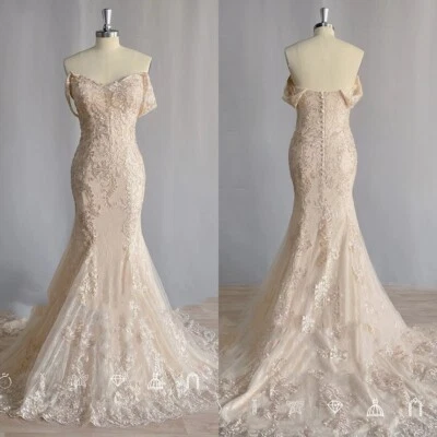 Champagne Mermaid Wedding Dresses Lace Vintage Off Shoulder A Line Bridal Gowns - Image 1 of 4
