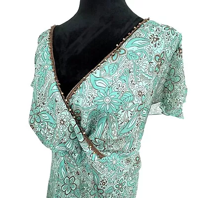 Vintage Y2K Baby Doll Dress Womens 18W Empire Waist Faux Wrap Floral Print  Bead - Image 1 of 4