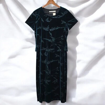 Kathie Lee Velvet Dress Woman Large Teal Floral Maxi Short Sleeve Evening Retro - Image 1 of 4