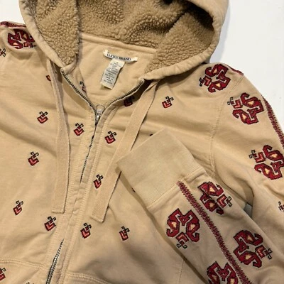 Moletom com capuz feminino vintage Lucky Brand bordado com zíper completo tamanho pequeno boho asteca ocidental - Imagem 1 de 4