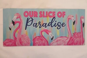 "OUR SLICE OF Paradise" Flamingos, Summer, Rug Insert Switch Door Mat 10x22 - Picture 1 of 2