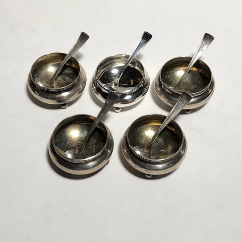 5 Antique JE Blake Co Sterling Silver Art Deco Cauldron Open Salt Cellar Spoon Cover
