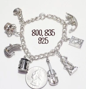 Vintage 800/835/925 Silver European Tour/Travel/Landmark 8 3D Charm Bracelet 7" - Picture 1 of 9