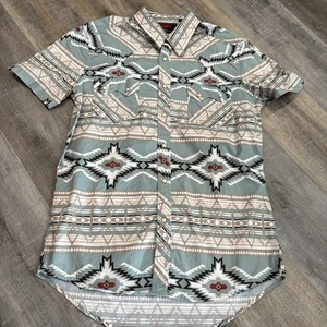 Rock & Roll Denim Shirt Mens Medium Blue Aztec Western Pearl Snap Flap Pocket - Picture 1 of 17