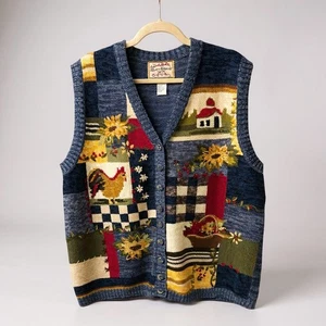 Heirloom Collectibles Vest 1X Womens Blue Farmhouse Embroidered Patchwork Vest - Picture 1 of 7
