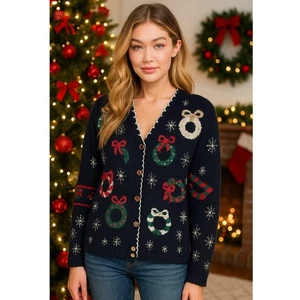 Vintage Christmas Sweater Navy Blue Wreath Snowflake Holiday Cardigan Sz Medium - Picture 1 of 7