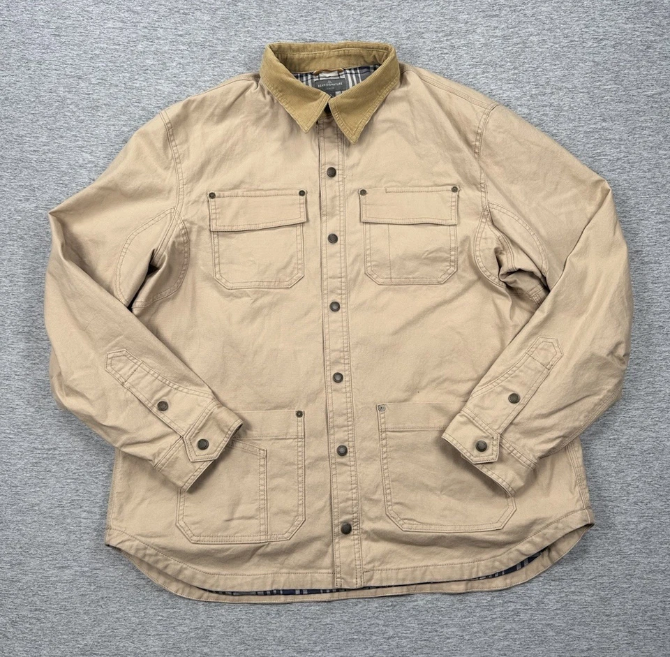 LL Bean Signature Chore Jacket Mens XL Tan Slim Corduroy Collar Flannel Lined - Image 1 of 4