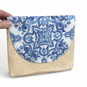 Dolce & Gabbana Straw Woven Tapestry Fabric Clutch Bag Light Blue Collection - Picture 1 of 8