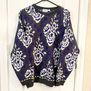 Vintage Blumen Strick Pullover One Size Made in USA Lila Grau Acryl 80er Grunge - Bild 1 von 7