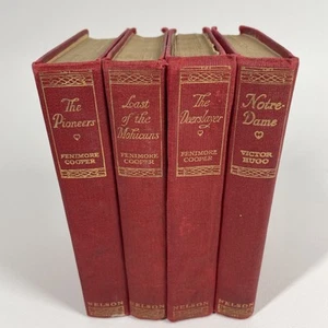 Vintage Book LOT Fenimore Cooper Victor Hugo T Nelson Sons Decor Display Red Sml - Picture 1 of 24
