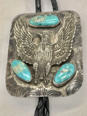 Antiguo Peón Navajo Hecho a Mano Plata Esterlina Turquesa Águila Pájaro Bolo Corbata SIN CONSEJOS Foto 1 de 4