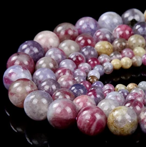 Natural Rare Pink Tourmaline in Purple Lepidolite Grd AAA Round Beads(D369 D370) - Picture 1 of 3