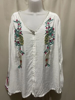 Top ligero Sharon Young talla XL blanco pavo real bordado con botones Foto 1 de 4