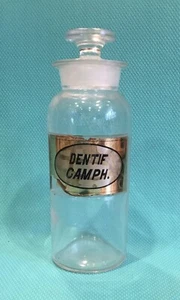Antique DETIF CAMPH. Apothecary Jar Medical Bottle Label Under Glass w/ Stopper - Picture 1 of 12