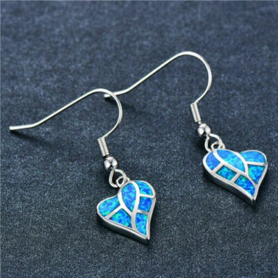 Impresionantes Nuevos Pendientes Colgantes Gancho Dije Corazón Ópalo de Fuego Resina Azul Plateado Foto 1 de 3