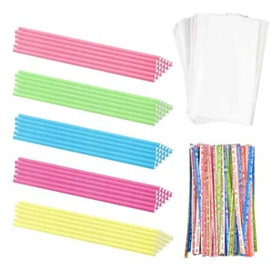 Lollipop Cake Pop Kits 100 Pcs Colorful Papery Sticks & 100 Pcs Clear Candy B... - Picture 1 of 6