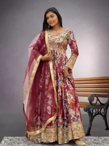 Function Wear Heavy Chinnon Silk Anarkali With Bottom And Dupatta For Women - Picture 1 of 8