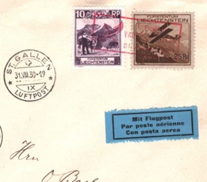 LIECHTENSTEIN Air Mail 1930 Cover Vaduz FIRST FLIGHT Switzerland Zurich KA218 - Picture 1 of 12