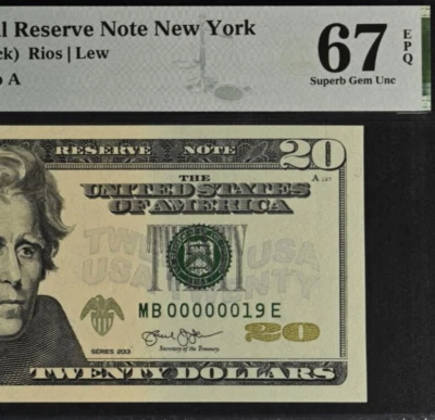 2013 $20 Federal Reserve Note PMG 67EPQ Superb Gem Low Serial Number 00000019 - Image 1 of 3