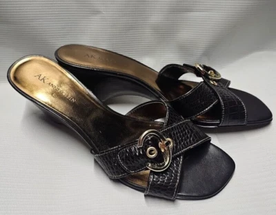 Sandalias de cuña Anne Klein de cuero marrón sin cordones con hebilla talla 10M Foto 1 de 4