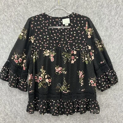 Camisa Maeve Steffy Campesina Mujer M Negra Floral Crochet Romántica Boho Foto 1 de 4