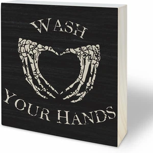 4"X4" Gothic Wooden Block Sign - Wash Your Hands - Black Pine Wood Plaque, Home - Picture 1 of 12