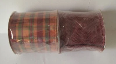 Huntington Home Ribbon Burlap Plain Red & Autumn Striped 3.6" x 15' Rolls 2-Pack - Image 1 of 2