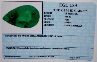 EGL USA TESTED&CERTIFIED NATURAL PEAR SHAPE EMERALD 0.68CT - Image 1 of 4