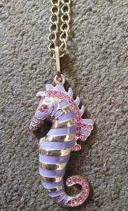 Seahorse long chain Pendant Necklace pink rhinestones purple enamel gold tone - Picture 1 of 12