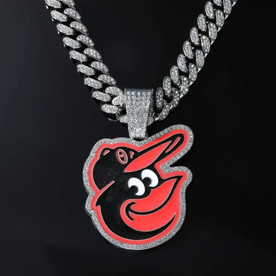 BALTIMORE ORIOLES GEM NECKLACE Silver Hip Hop MLB Team Bling Pendant & 24" Chain - Image 1 of 3