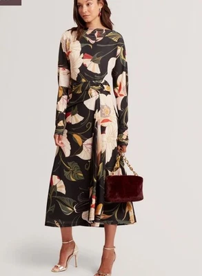 TED BAKER Midi Dress Womens TB 2 UK 10 Lawria Black Floral Wrap Front NEW - Image 1 of 4
