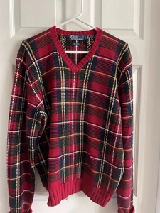 Vintage Polo Ralph Lauren Pullover Herren Large rot Schottenkaro Strick V-Ausschnitt - Bild 1 von 5