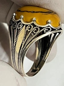 Elegante Anillo de Plata 925 para Hombres Yemen Aqeeq Ágata Diseño Real عقيق يمني زعفراني - Imagen 1 de 19
