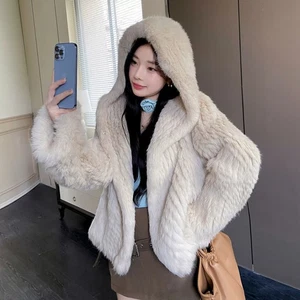 Chaqueta de piel de conejo genuina para mujer Abrigo de piel de invierno peludo tejido con capucha - Imagen 1 de 17
