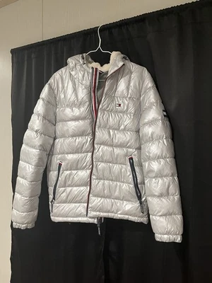 Tommy Hilfiger Mens SMALL Silver Pearlized Sherpa Lined Hooded Puffer Jacket - Image 1 of 4